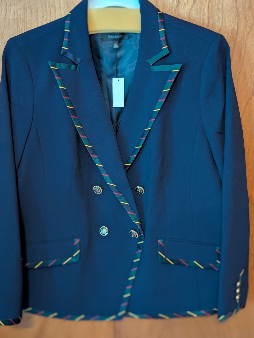 Talbots Navy Double-Breasted Blazer with Multicolor Stripe Piping